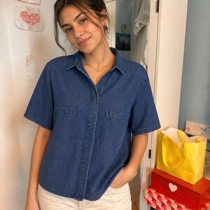 Zara Mid-Blue Short-Sleeve Denim Button-Down Shirt